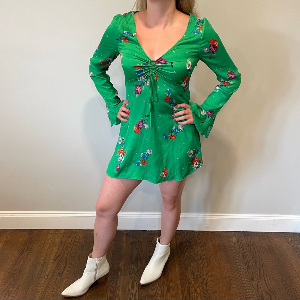 Free People Women's Green Floral Bell Sleeve Smocked Mini Dress - size S